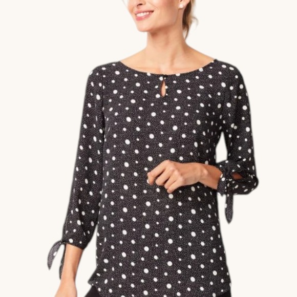 Talbots Tops - Talbots Womens 2X Black Polka Dot 3/4 Tie Sleeve Keyhole Neck Blouse Classic